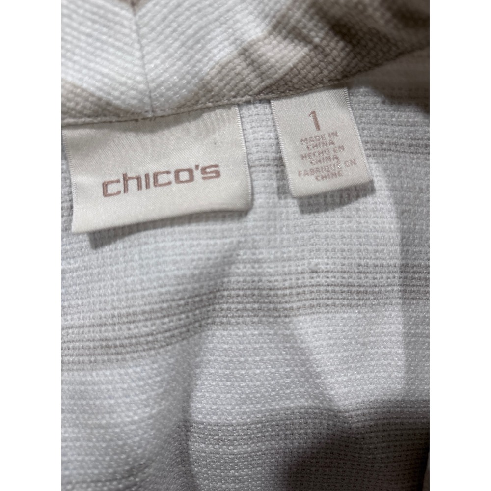 Chico's Striped Open Front Jacket Tan White Textured 3/4 Sleeve Size 1 Medium - Picture 7 of 7
